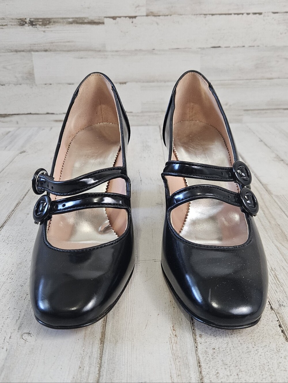 J Crew Black Patent Leather Block Heels Size 7